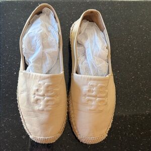 Tory Burch Neutral Beige Leather Espadrille Flats
